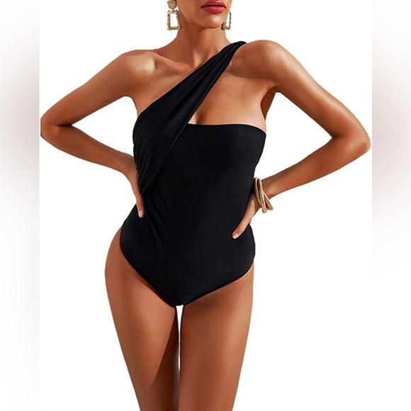 Black Goddess Ruched Wrap-Front One-Piece Swimsuit SIZE M - Picture 5 of 5